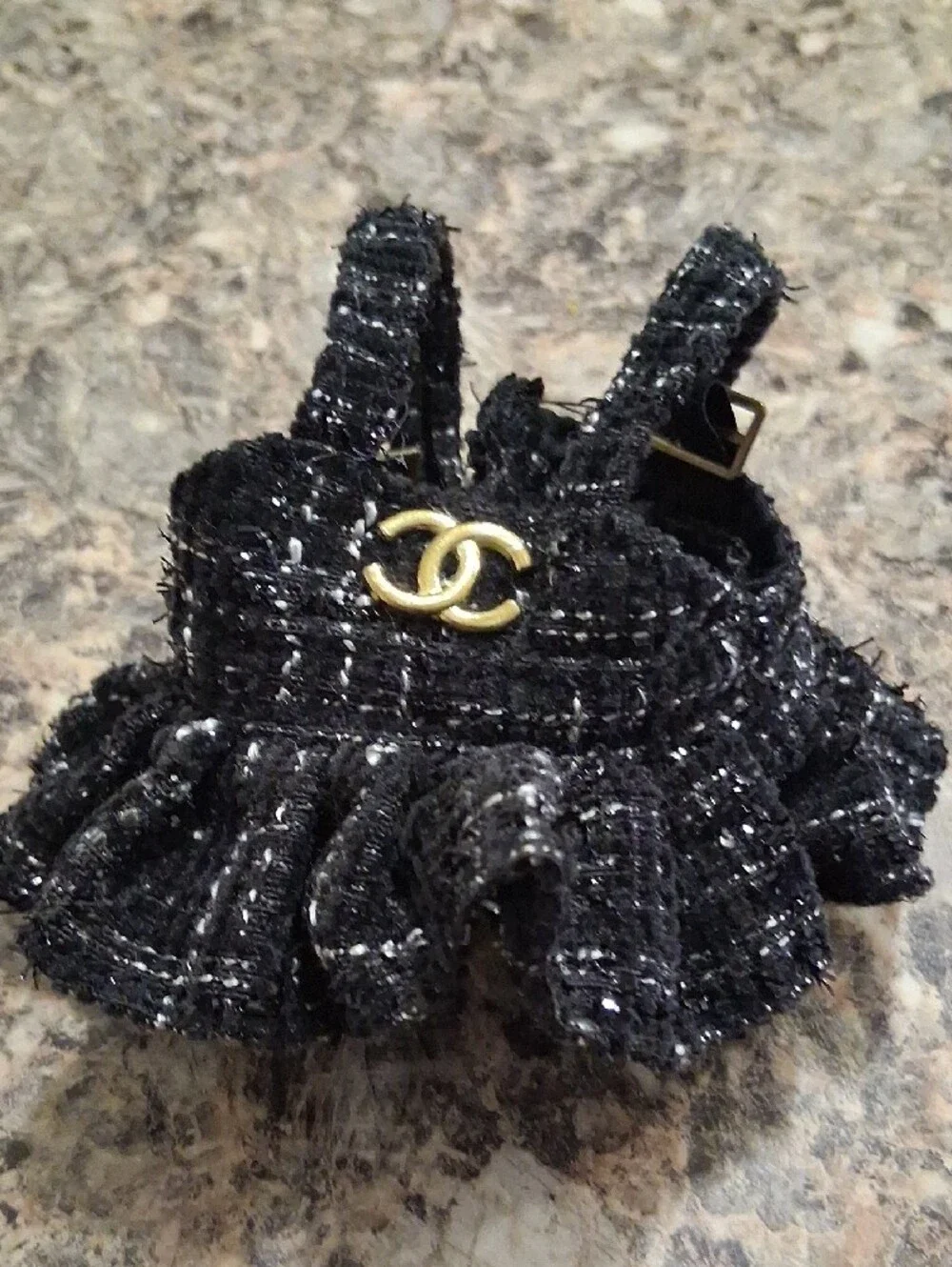 CHANEL copy Black Tweed Labubu Ruffled dress with Gold CC